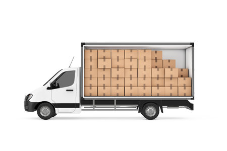 Stack of Many Cardboard Boxes Parcels in Freight Compartment of Cargo Van Minibus on a white background. 3d Renderingの写真素材