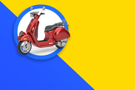 Red Classic Vintage Retro or Electric Scooter Motobike Label Tag with Free Space for Your Design on a yellow and red background. 3d Renderingの写真素材