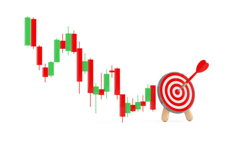 Green and Red Trading Financial Candlesticks Pattern Chart with Archery Target and Dart in Center on a white background. 3d Renderingの写真素材