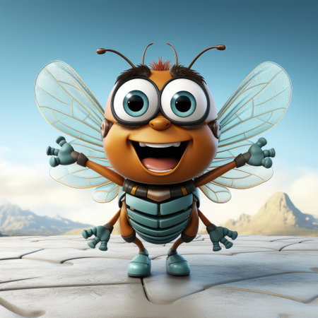 Cartoon Beautiful Cute Little Blue Fly Character Person extreme closeup. Generative AIの素材