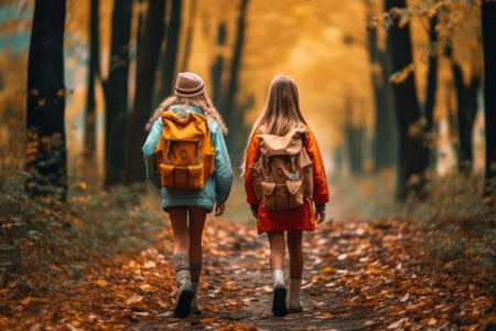 Group of Girls Walking Travel Hiking with Backpacks in the Autumn Forest extreme closeup. Generative AIの素材