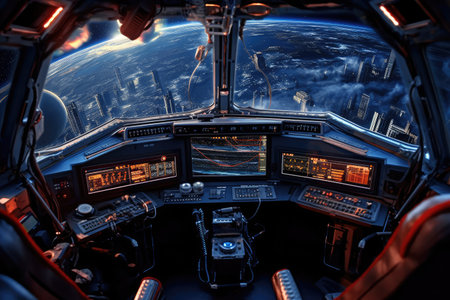 Spaceship Interior in Earth Orbit extreme closeup. Generative AIの素材