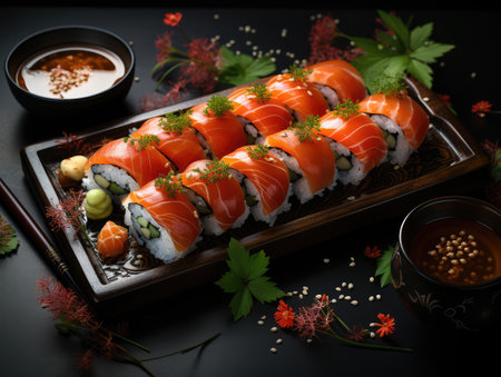 Asian Fish Food Sushi on a Black Plate on a Dark Background extreme closeup. Generative AIの素材