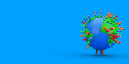 Location Marking Pins on an Earth Globe on a blue background. 3d Renderingの写真素材