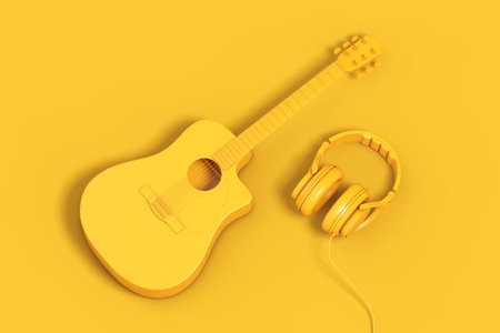 Yellow Acoustic Guitar with Yellow Headphones in Duotone Style on a yellow background. 3d Rendering