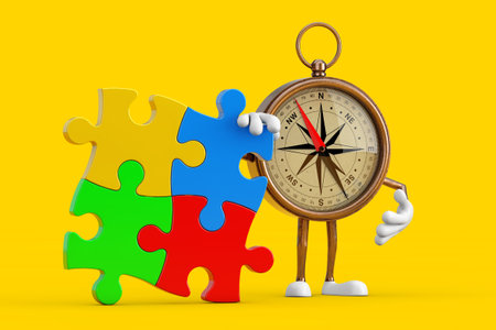 Antique Vintage Brass Compass Cartoon Person Character Mascot with Four Pieces of Colorful Jigsaw Puzzle on a yellow background. 3d Renderingの写真素材