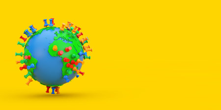 Location Marking Pins on an Earth Globe on a yellow background. 3d Rendering