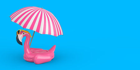 Summer Swimming Pool Inflantable Rubber Pink Flamingo Toy with Sunglasses and Beach Umbrella on a blue background. 3d Renderingの写真素材