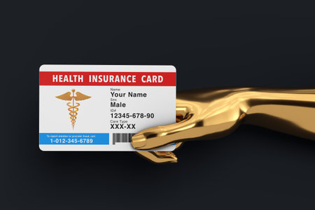 Plastic Health Insurance Card in Golden Abstract Hand on a black background. 3d Renderingの写真素材