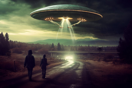 Alien Arrival Concept. UFO in a City Dark Sky extreme closeup. Generative AIの素材