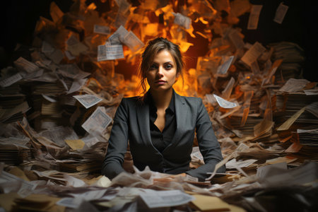 Tired Businesswoman at Work Among a Pile of Documents Paper extreme closeup. Generative AIの素材