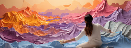 Artist Paints a Rainbow Colored Landscape on the Canva extreme closeup. Generative AIの素材