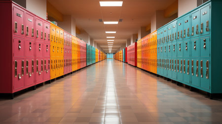 A Long Hallway with Lots of Colored Lockers extreme closeup. Generative AIの素材
