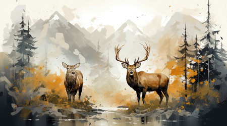 Deer Silhouette in Front of Dark Forest Landscape with River and Sunset extreme closeup. Generative AIの素材