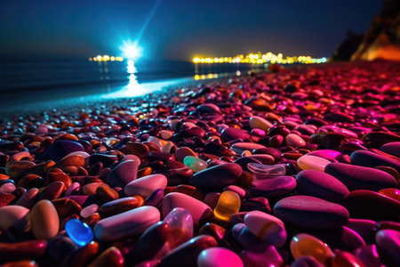 Beautiful Neon Colorful Pebbles on the Night Beach extreme closeup. Generative AIの素材