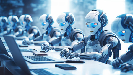Artificial Intelligence Concept. Group of Robots Sitting at Desks and Using Laptops for Education or Works extreme closeup. Generative AIの素材