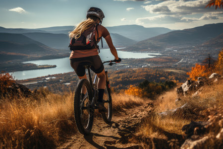 Young Woman on a Mountain Bike Riding to the Mountains extreme closeup. Generative AIの素材