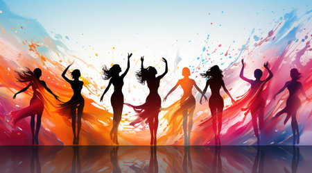 Silhouette of a Group of Dancing Women on a Colorful Background, Abstract Art extreme closeup. Generative AIの素材