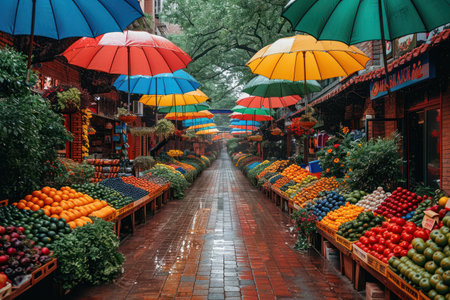 Private Street Outdoor Shop Selling Vegetables and Fruits extreme closeup. Generative AIの素材