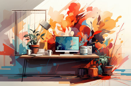 Creativity Concept. Modern Computer with Multi Colored Background extreme closeup. Generative AIの素材