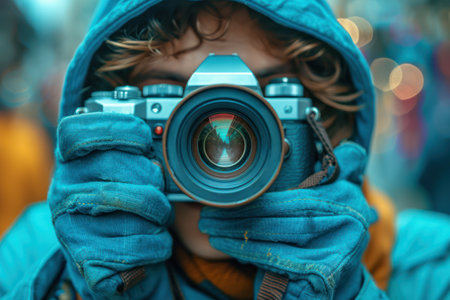 Content Creator Concept. Man Taking Photos with Camera and Looking Through Lens extreme closeup. Generative AIの素材