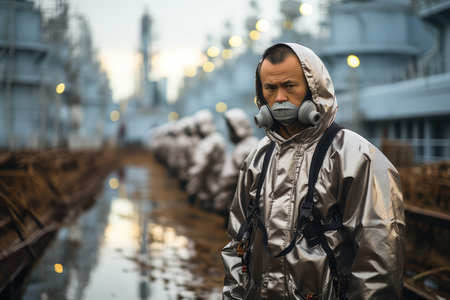 Nuclear Watchdog Chief Inspects the Territory of the Nuclear Power Plant After the Accident extreme closeup. Generative AIの素材