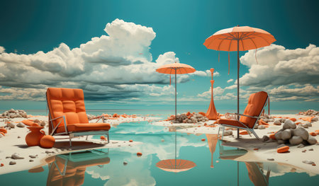Modern Beach Chairs with Umbrella on a Sand Ocean Beach extreme closeup. Generative AIの素材