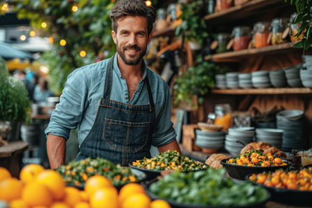 Friendly Seller of Vegetables and Herbs in a Greengrocer's Shop extreme closeup. Generative AIの素材