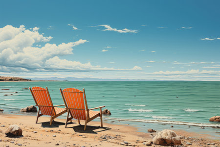 Modern Beach Chairs with Umbrella on a Sand Ocean Beach extreme closeup. Generative AIの素材