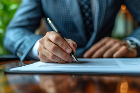 Businessman Use Elegant Pen to Signing Contract or Document extreme closeup. Generative AIの素材