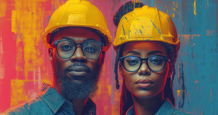 A Pair of African American Architectural or Industrial Engineers in Yellow Safety Hard Hats Stand Beside Each Other and Smiling extreme closeup. Generative AIの素材
