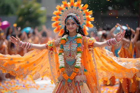 Happy Navrati Concept. Beautiful Woman as Mythological Durga During Navrati Festival India extreme closeup. Generative AIの素材