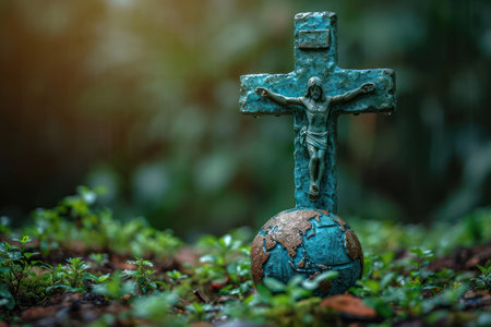 Retro Vintage Jesus Christ Cross near Earth Globe extreme closeup. Generative AIの素材