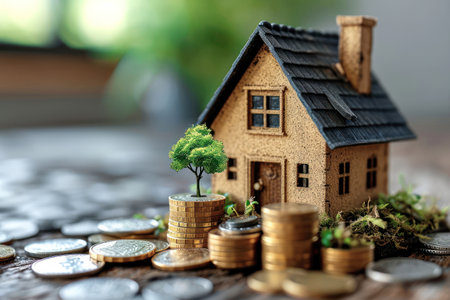 Real Estate Concept. Small House Building with Money Coins extreme closeup. Generative AIの素材