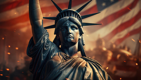 USA Independence Day Concept. Statue of Liberty in front of American Flag extreme closeup.の素材