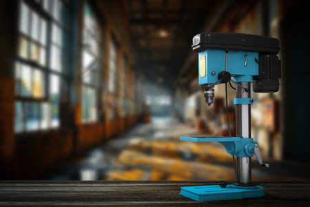 Vertical Drilling Bench Drill Press Machine on a wooden table. 3d rendering