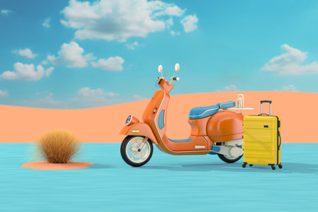 Travel Concept. Abstract Classic Vintage Retro or Electric Scooter with Modern Yellow Suitcase in the Abstract Desrt Landscape extreme closeup. 3d renderingの写真素材