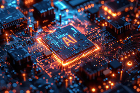 Computer Processor Microchip with AI Sign on a Glowing Circuit Board extreme closeup. Generative AIの素材