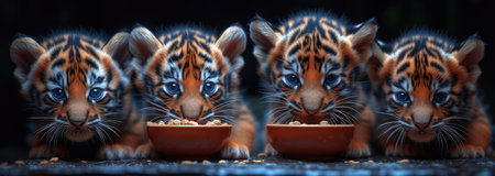Four Baby Tigers Eat from Food Bowls extreme closeup. Generative AIの素材
