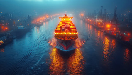 Container Ship Vessel Navigating Through Night Shipping Terminal extreme closeup. Generative AIの素材