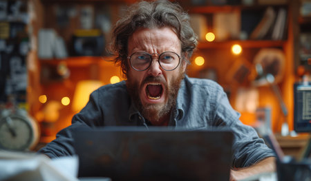 Business Man Screaming While Looking at a Laptop extreme closeup. Generative AIの素材