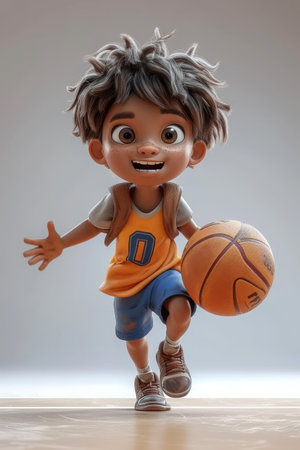 Cute Cartoon Athlete Boy Plays Basketball extreme closeup. Generative AI.の素材