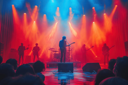 People at a Concert with Bright Blue and Magenta Colors and Lights extreme closeup. Generative AIの素材
