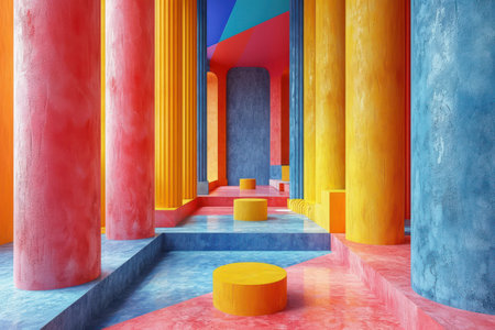 Multicolored Abstract Interior of a Room with Walls, Stairs and Openings in the Form of Geometric Shapes extreme closeup. Generative AIの素材