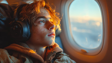 A Man Flies on an Airplane Near the Window and Listens to Music on Headphones extreme closeup. Generative AIの素材