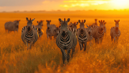A Herd of Zebras Moving Together in a Grassy Field extreme closeup. Generative AIの素材