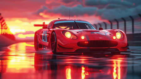 Red Sports Car Rushing on a Race Track extreme closeup. Generative AIの素材
