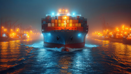 Container Ship Vessel Navigating Through Night Shipping Terminal extreme closeup. Generative AIの素材