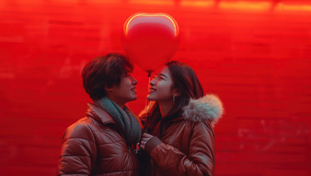 Asian Couple in Love Walking in the Evening City with a Heart Shaped Balloon extreme closeup. Generative AIの素材