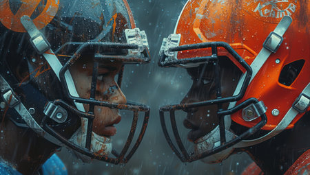 Two American Football Players Facing Each Other in a Stadium extreme closeup. Generative AIの素材